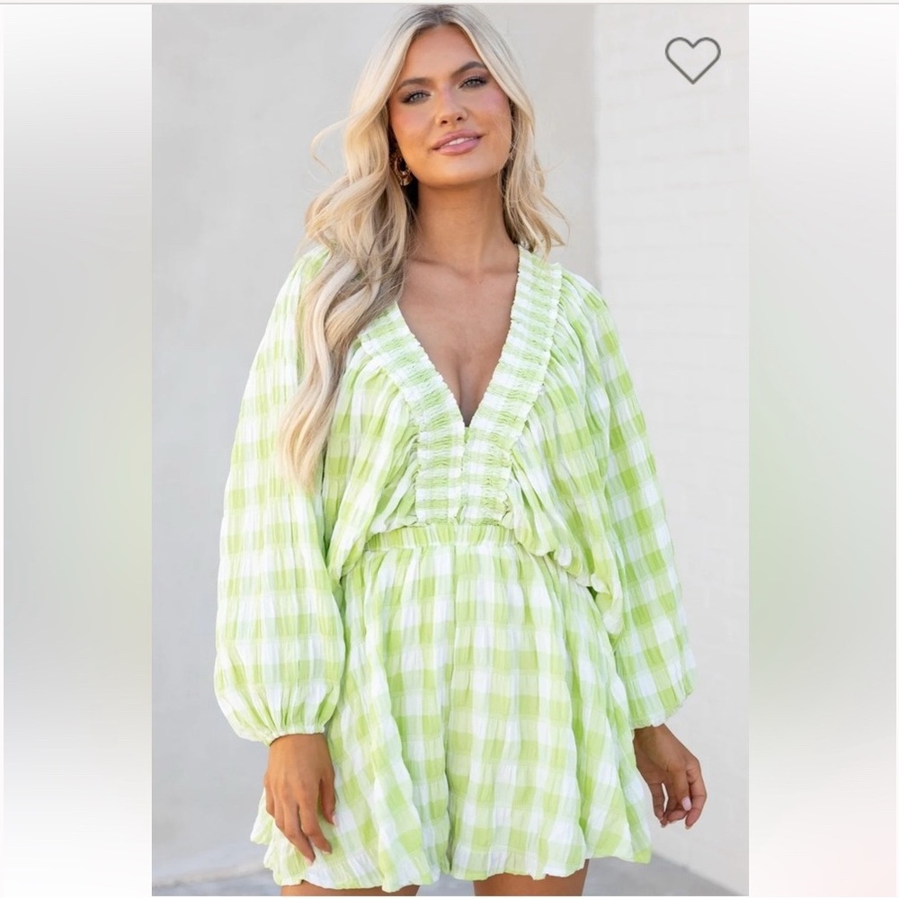 Anthropologie Green and White Gingham Jumpsuit with Puff Sleeves